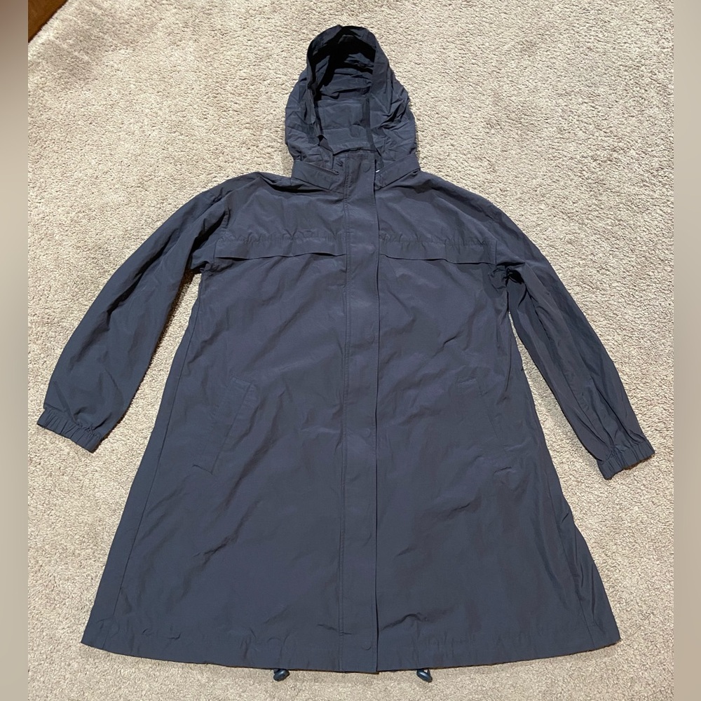 Eileen Fisher Black Trench Rain Jacket Cotton Nylon Windbreaker Hidden Hood Sz M